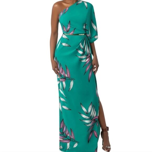 FKSP Folake Kuye Teal Leilani Jade One Shoulder Tropical Draped Maxi Dre…‎